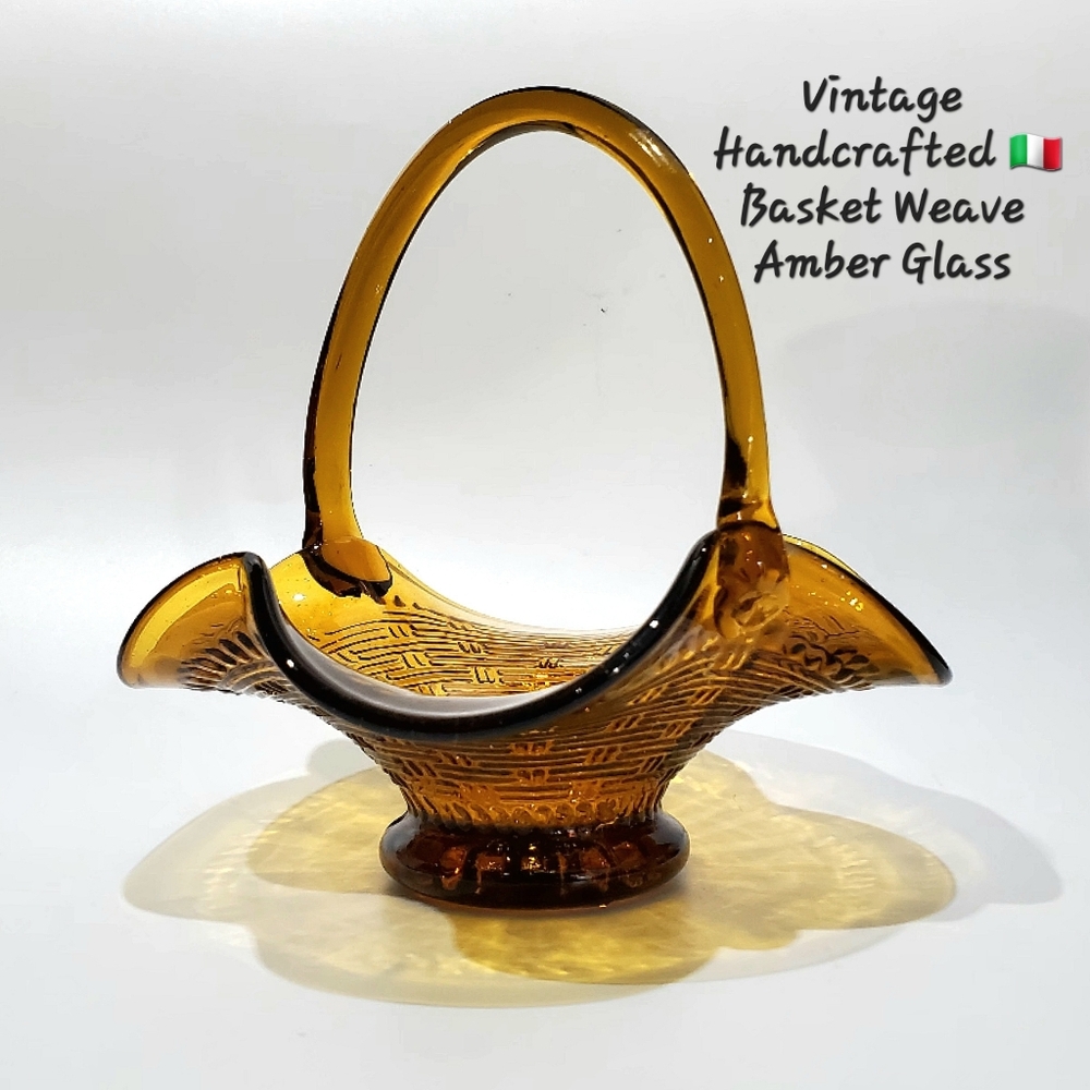 Vntg Hancrafted Italian🇮🇹 Art Glass With Basket Weave Amber Glass 6.25" Basket
